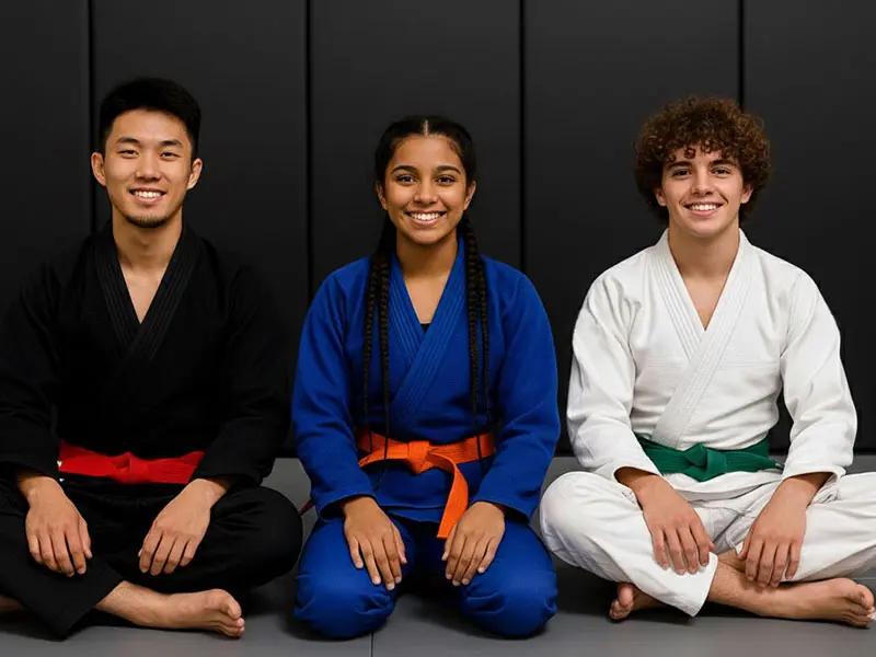 Happy teens in Glendora learning BJJ, improving balance, coordination, and having fun while building life skills.